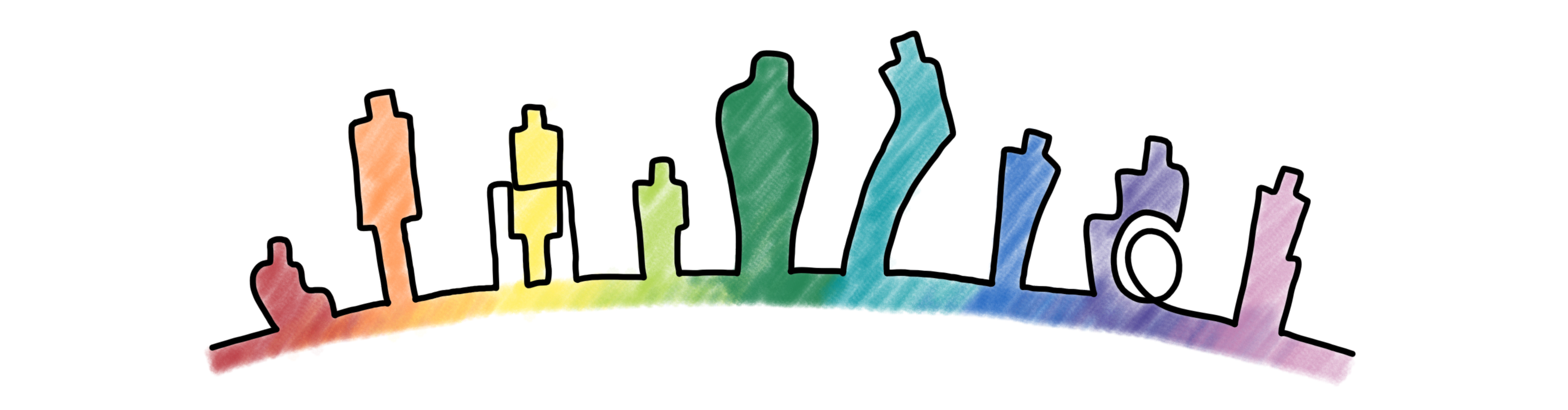 Illustration of diverse figures filled with rainbow colours on a curved horizon, representing full belonging and celebration
